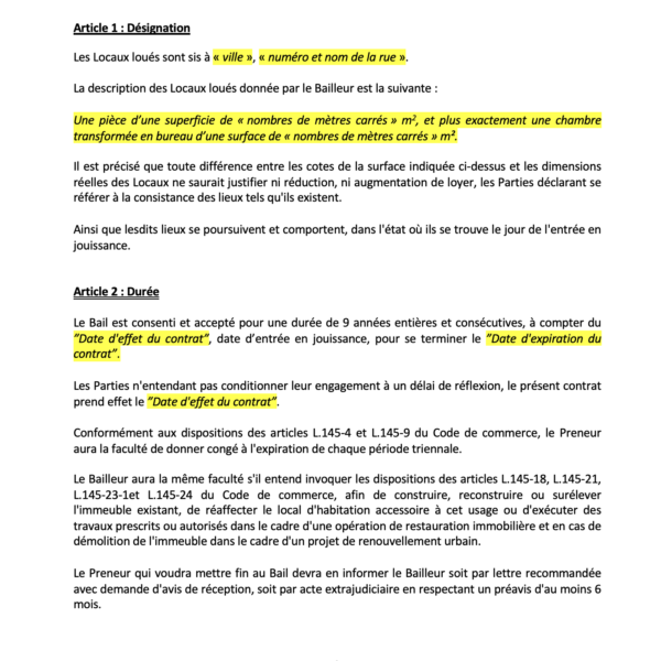 Modèle bail commercial word pdf