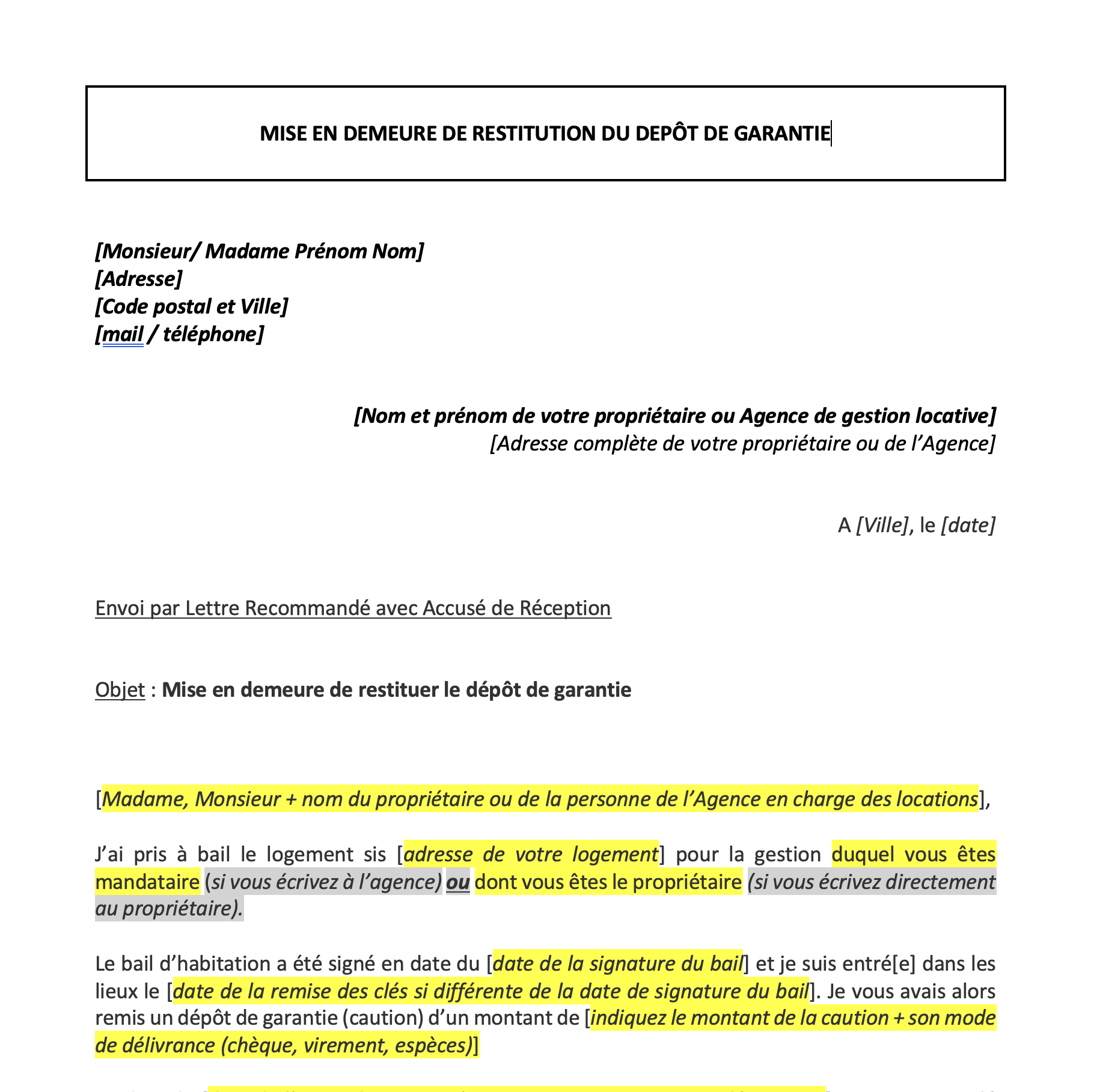 Lettre Type Mise En Demeure Restitution Caution